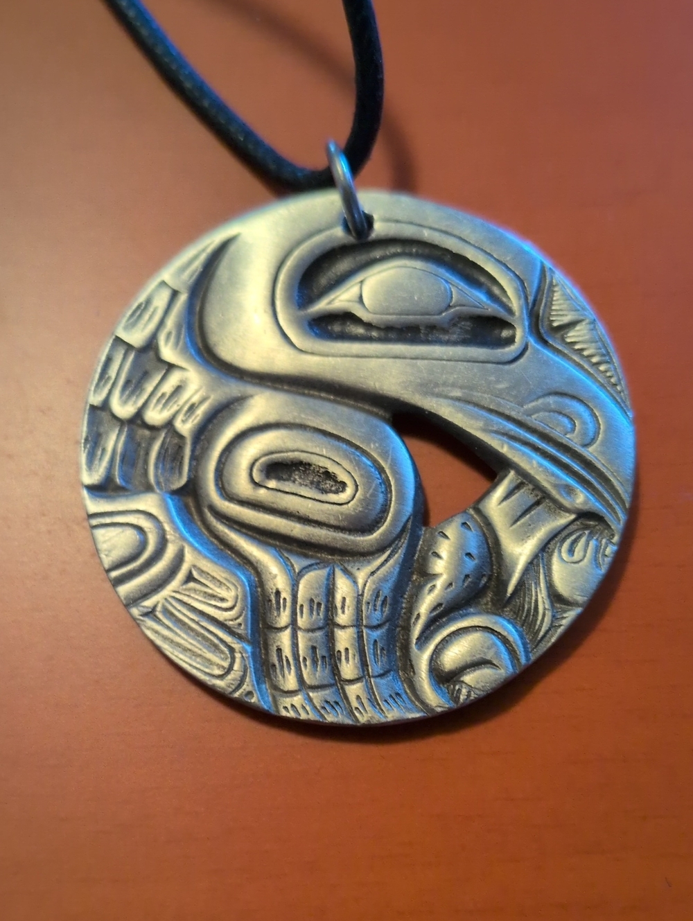 Round Carved Pewter Frederick Of Canada Pendant Necklace - Vintage